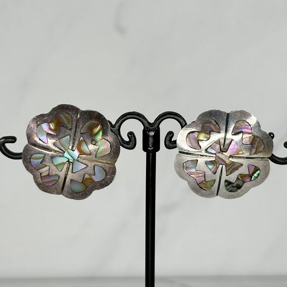 Vintage Alpaca Mexico Sterling Silver 925 MR Abalone Flower Earrings ✨ - Picture 8 of 14